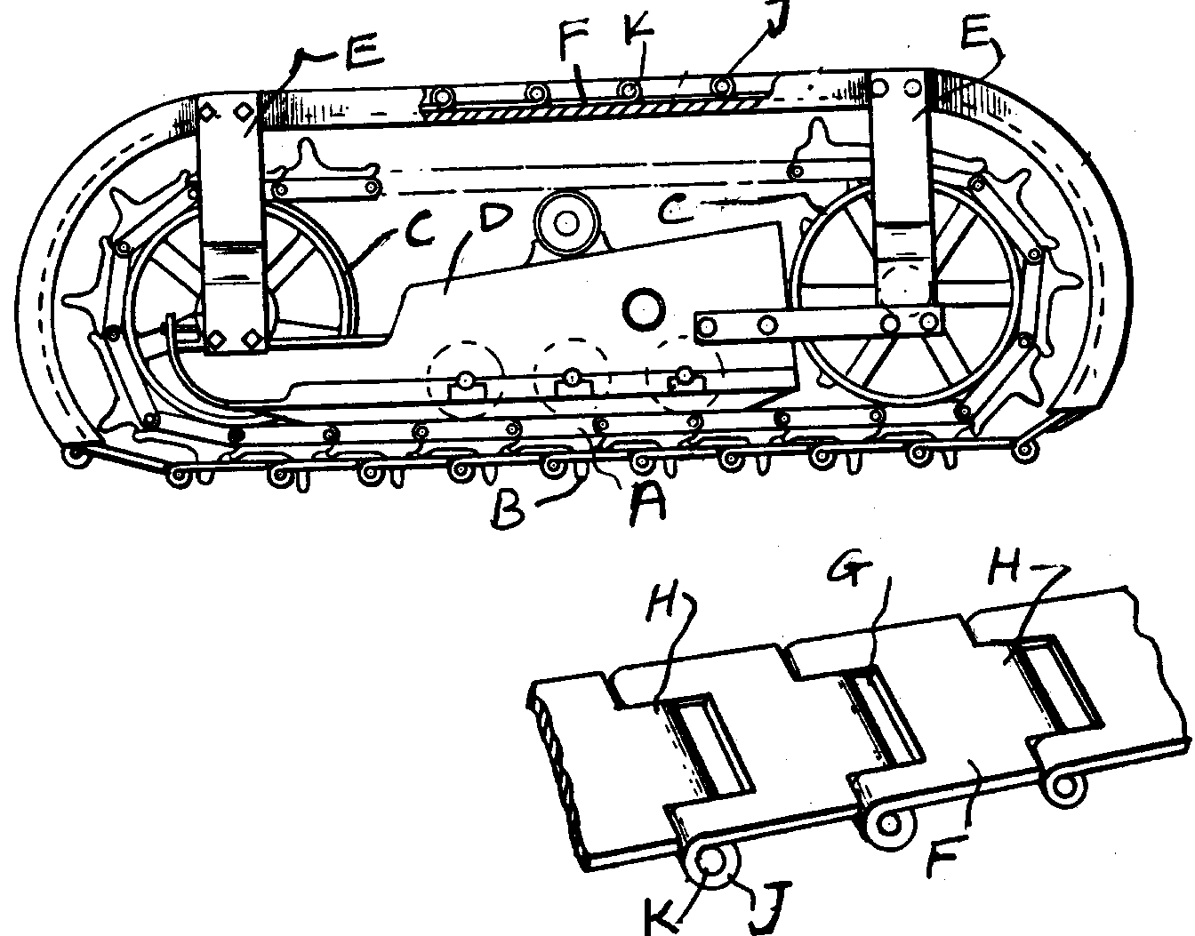 Cleaner or cleaning chain F traverse with track to clean trackA. A - Endless chain or link track;B - Track shoe; C - Sprocketwheel ;D - Support frame; E - Support; F - Cleaning or cleaninglink; G - Notch; H - Tongue; J - Loop; K - Pivot
