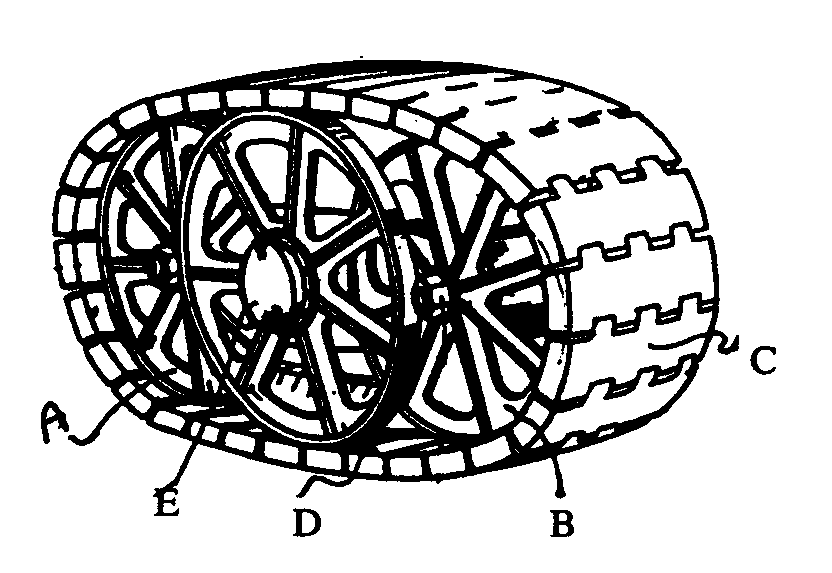 A, B - End wheels; C - Endless band; D - Band inner face;E - Intermediate support wheel
