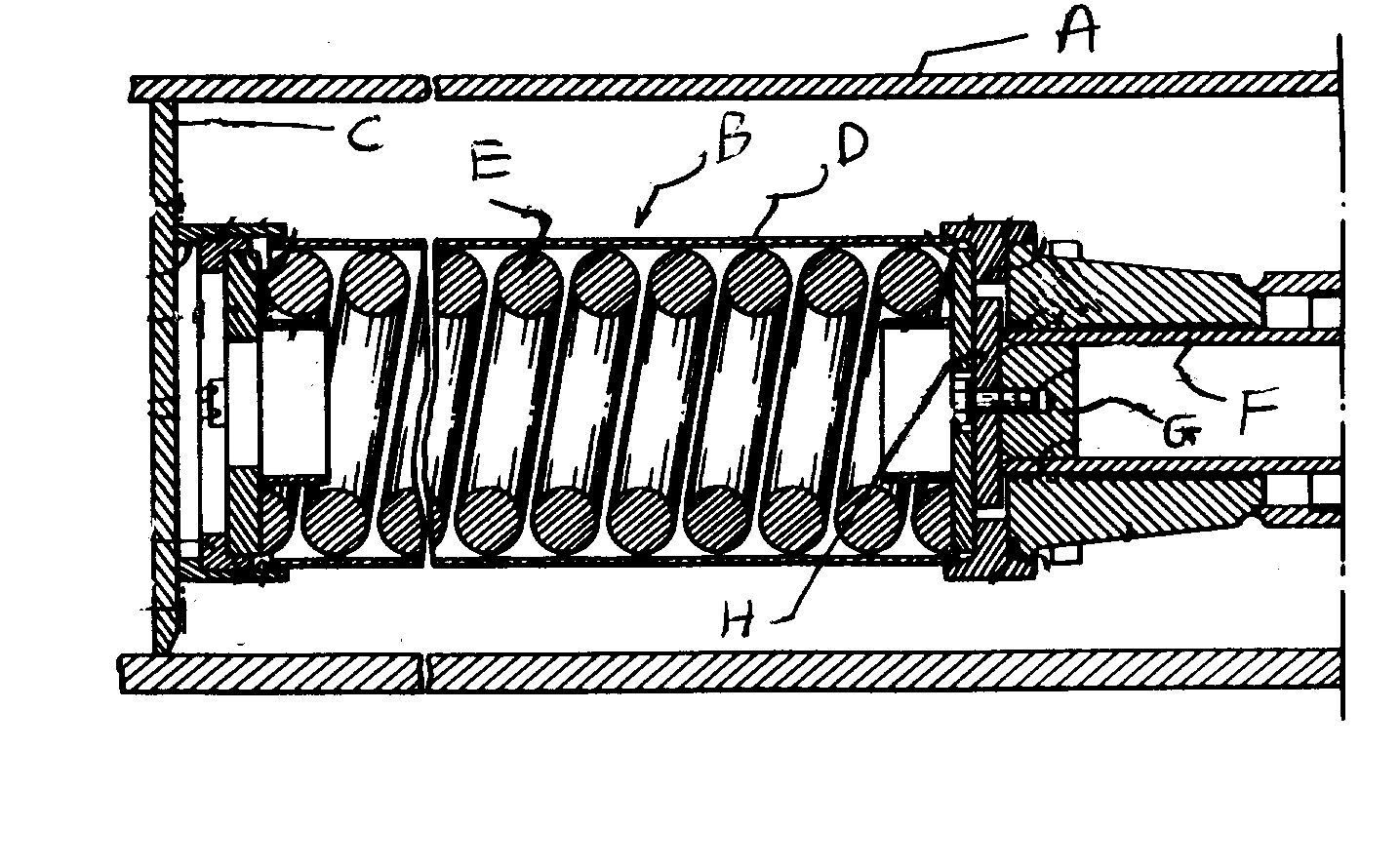 A - Track roller frame; B - Spring recoil assembly; C - Stop;D - Housing; E - Coil spring; F - Movable piston; G - Block closespiston at one end; H - Circular plate secured to piston block; (Shiftingpiston to the left compresses the coil spring)
