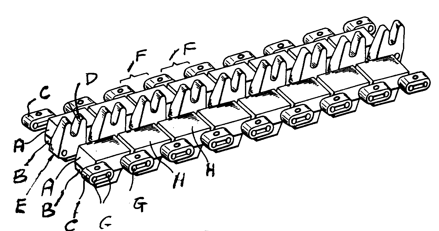 A - Tubular bodies; B - Underside running pad; C - End connectorlinks; D - Chain tooth; E - Intermediate links; F - Successive chainlinks; G - Connecting pin rods; H - Roll-off surfaces
