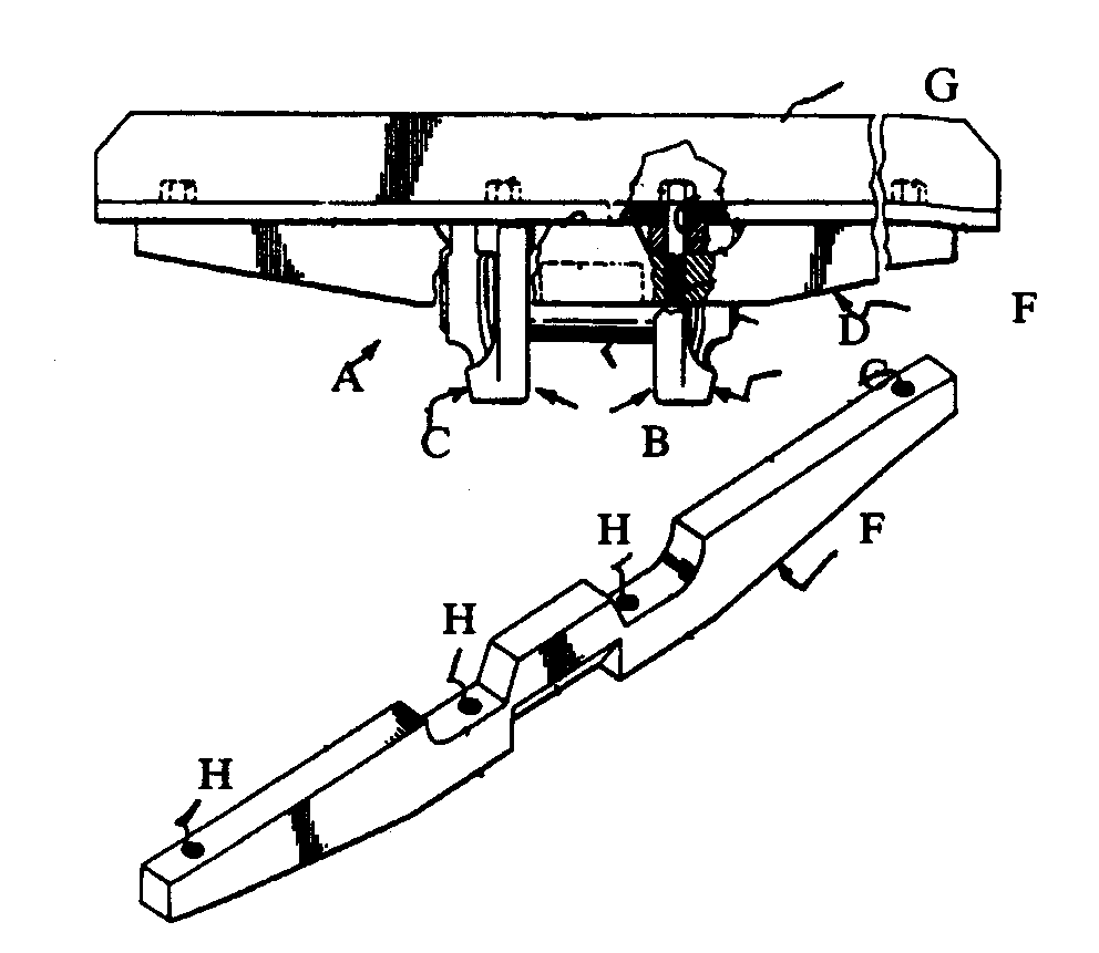 A - Track assembly; B - Link assemblies; C - Interconnectedlinks; D - Connector pin; E - Cylindrical bushing; F - Grouser plate;G - Track shoe; H - Mounting holes
