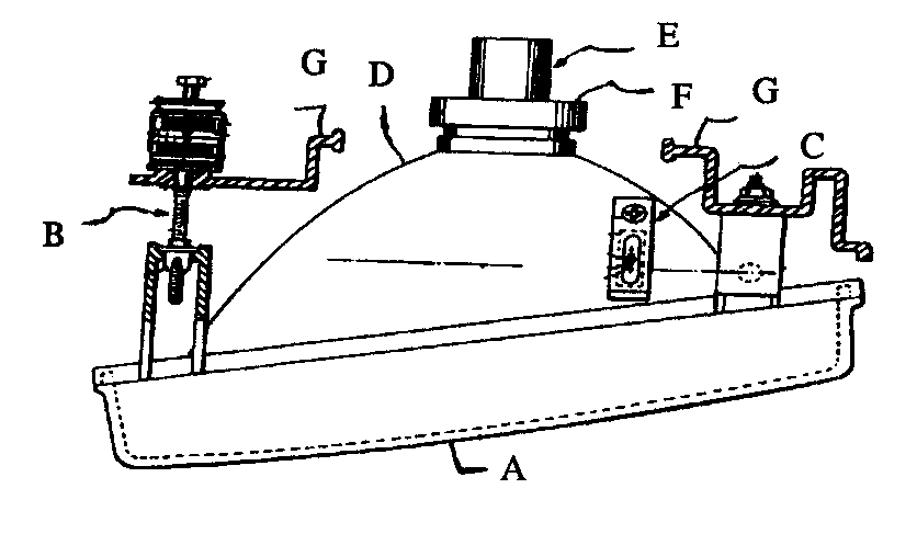 A - Front lens; B - Calibrated rod; C - Level or plumb;D - Lump body; E - Bulb socket; F - Locking cap; G - Lamp housing
