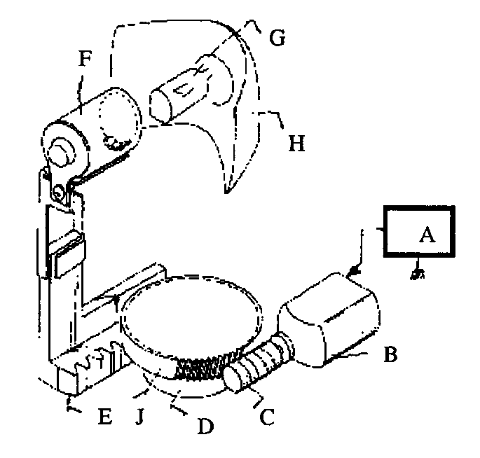 A - Motor control circuit; B - Electric motor; C - Worm gear;D - Pinion gear; E - Rack; F - Globe; G - Bulb (light source); H- Reflector or reflecting mirror; J - Worm wheel
