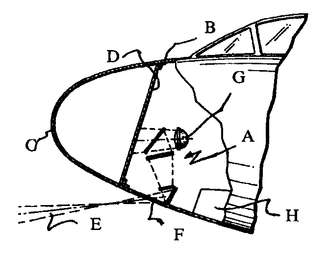 A - Lighting system; B - Airplane hose; C - Radome; D -Forward bulkhead; E - Exit light beam; F - Exit lens; G - Lamp;H - Wheel well
