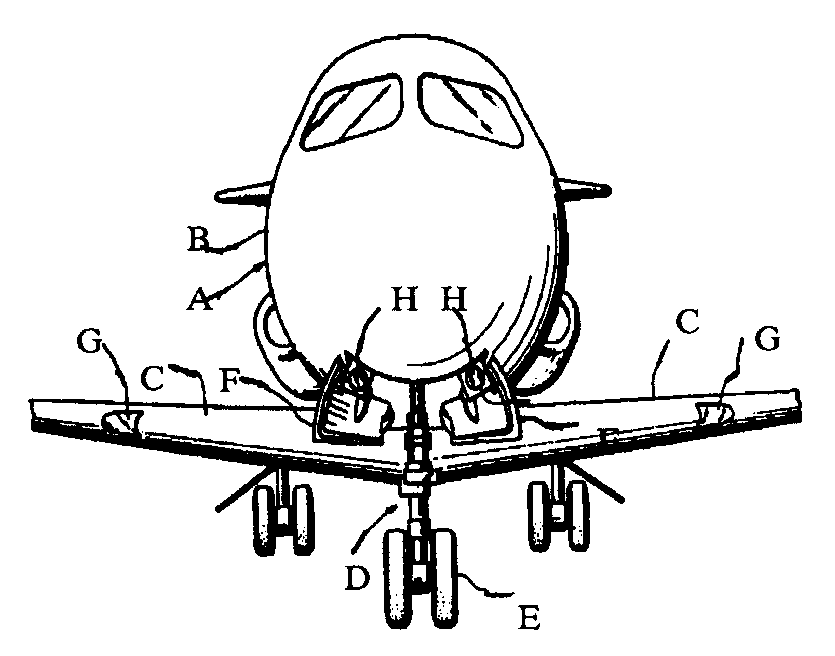 A - Aircraft; B - Fuselage; C - Wings; D - Landing gear assembly;E - Wheels; F - Landing gear doors (front);     G - Wing mountedlights; H - Retractable landing gear lights
