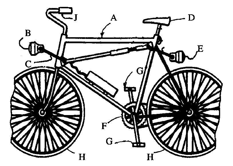 A - Bicycle frame; B - Headlamp; C - Lamp support; D -Seat; E - Rear lamp; F - Bracket; G - Pedals; H - Pair of wheels;J - Handle
