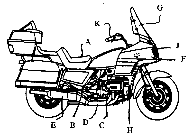 A - Motorcycle; B - Main frame; C - Engine;  D - Exhaustpipe; E - Muffler; F - Main frame cover; G - Windshield cover; H- Supplementary light; J - Headlight; K - Steering handle
