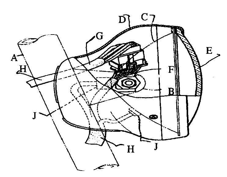 A - Motorcycle front fork; B - Brackets; C - Reflector; D- Headlight casing; E - Front lens; F - Supporting member; G - Wiringcoupler; H - Input-output wiring harness; J - Headlight sockets
