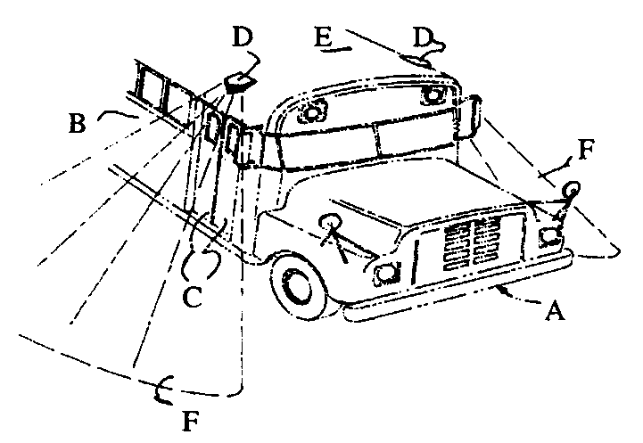 A - Bus; B - Body of bus; C - Hinged doors; D - Light housing;E - Roof; F - Light beam
