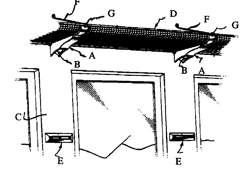 A - Light fixture; B - Light source; C - Railroad car wall;D - Baggage rack; E - Reflector; F,  G - Rack support
