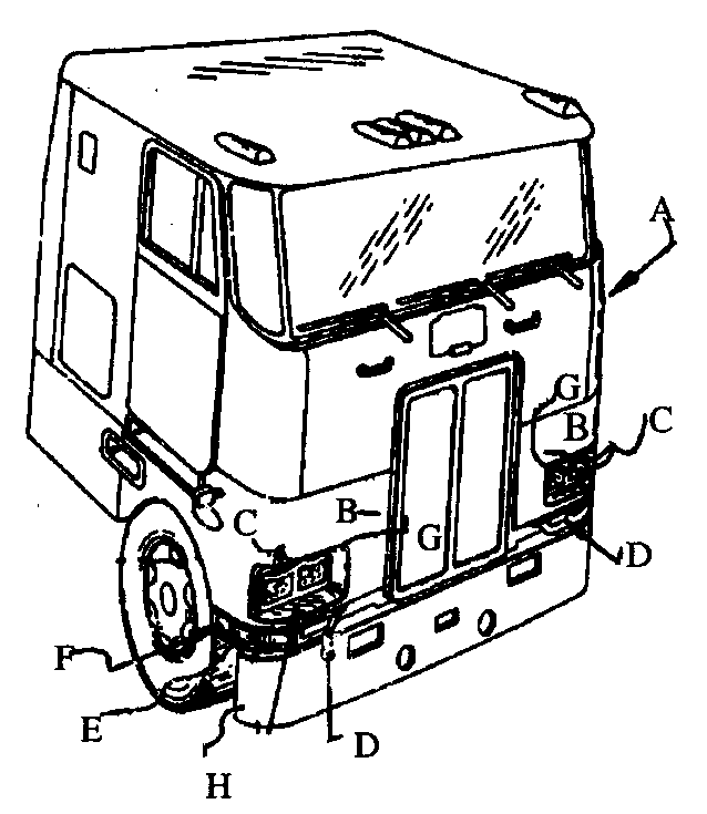 A - Truck tractor; B - Front shirt; C - Headlamps; D - Turnsignal; E - Reflector; F - Side marker light; G - Lamp housing;H - Bumper
