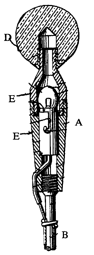A - Illuminated head; B - Rear shift lever; C - Light bulb;D - Knob; E - Tubular housing
