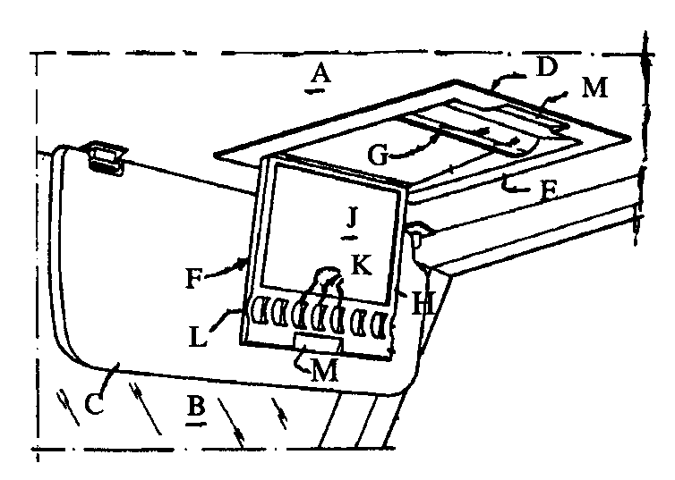 A - Ceiling; B - Windshield; C - Sun visor; D - Flush mountedshell; E - Frame; F - Mirror unit; G - Illuminating unit; H - Panel;J - Mirror; K - Light emitting slots; L - Screen; M - Recesses toflip down mirror
