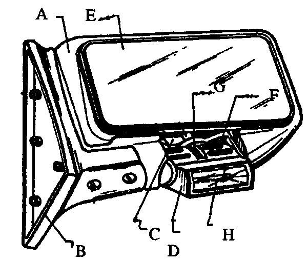 A - Back mirror case; B - Pillar; C - Mechanism to drive illuminationlight; D - Illumination light; E - Back mirror; F - Support frame;G - Guiding member; H - Light bulb
