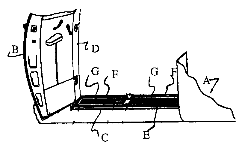 A - Vehicle body; B - Door; C - Running board; D - Doorpost; E - Corrugated plate; F - Elongated slots; G - Light transmittingrods
