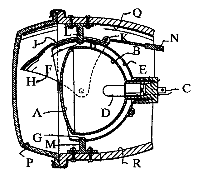 A - Lens; B - Reflex mirror; C - Terminal; D - Light sourceor bulb; E - Bulb receiver; F, G - Pivot suspension; H - Adjustablecover (turns upward and downward over bulb receiver 