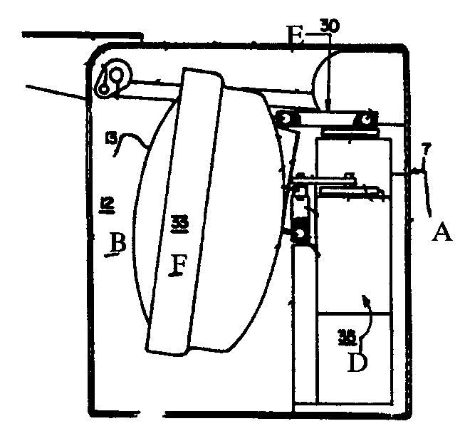 A - Enclosure; B - Housing cavity; C - Headlight; D - Electricmotor; E - Rotation assembly; F - Headlight frame
