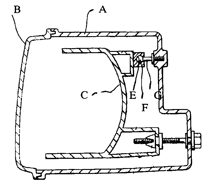 A - Lamp body; B - Lens; C - Adjustable reflector; E, F, G- Ball and socket mechanism
