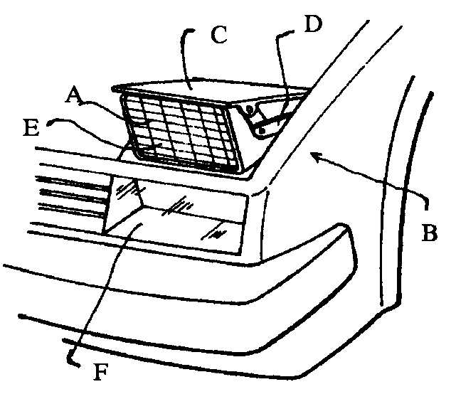 A - Headlight; B - Car body; C - Bonnet; D - Link mechanism;E - Lighting surface; F - Light passing portion
