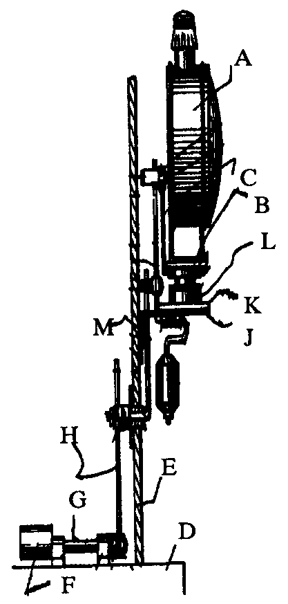 A - Lamp; B - Lamp base; C - Upright; D - Car platform;E - Dashboard; F - Foot operated lever; G - Rock shaft; H - Connectingbar; J - Brackets; K - Platform; L - Base; M - Bracker support. Note:  Foot pressure on 