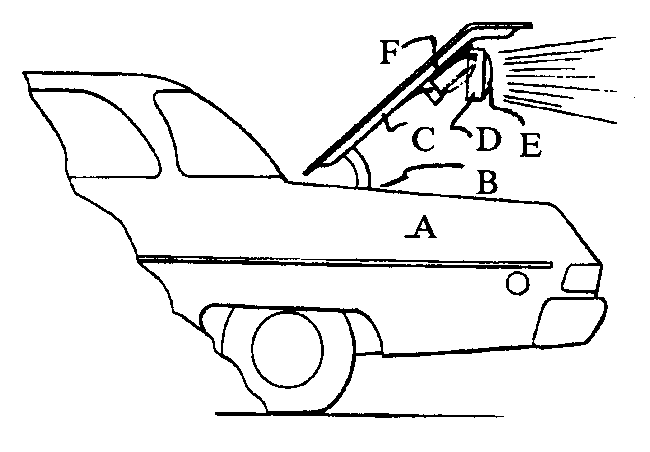 A -  Vehicle; B  - Trunk; C - Trunk cover; D - Lamp housing;E - Emergency lamp; F - Lamp bracket
