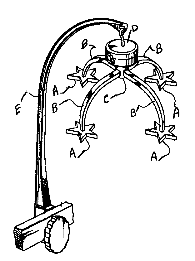   Figure 1: A typical example of the subject matter. A- Star; B - Arm carries optical fibers; C - Hub; D - Central housingto supply power; E - Hanger
