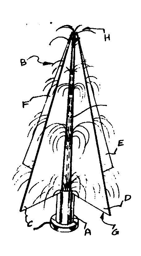   Figure 1: A typical example of the subject matter. A- Base of the tree; B - Backstop comprises four triangular  members 'C,' 'D,' 'E,' and 'F';C, D, E, F - Triangular members disposed to form a pyramidal structure withwide base 'G' and narrow apex 'H';G - Wide base; H - Narrow apex
