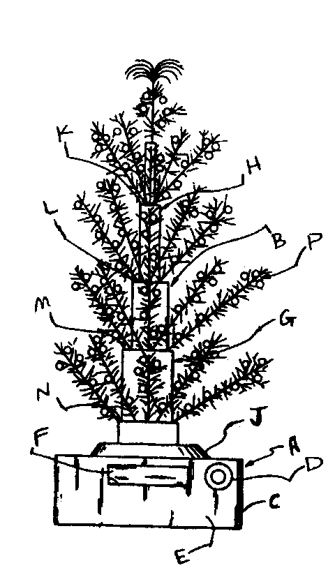   Figure 1: A typical example of the subject matter. A- Base; B - Simulated tree trunk; C - Container; D - Electricalswitch; E - Front wall; F - Pivotable door; G, H - Tubular trunkmembers; J - Mounting collar; K, L, M,   N - Landings or shoulders;P - Branch

