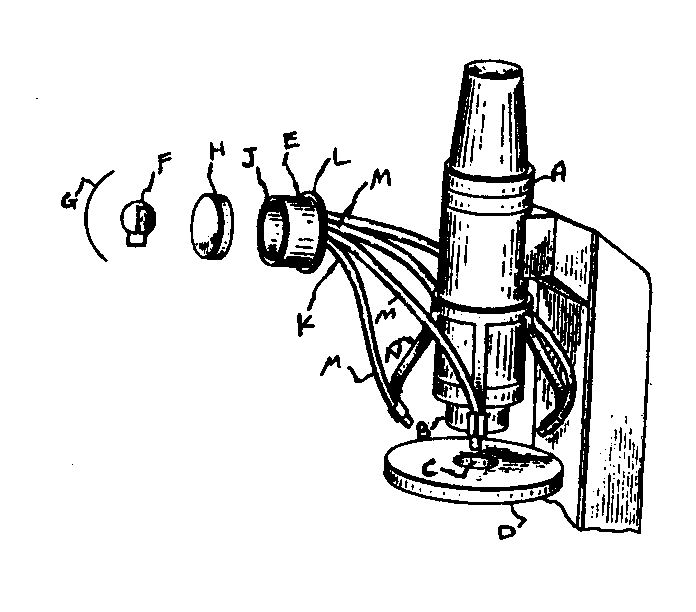   Figure 1: A typical example of the subject matter. A- Microscope; B - Objective to observe object 'C';C - Object; D - Table; E - Illuminator; F - Light source operateswith 'G' and 'H'; G - Reflector;H - Lens; J - Light receiving surface; K - Fiber-optic bundle; L- Sleeve; M - Plurality of optical fiber strands; N - Spider support
