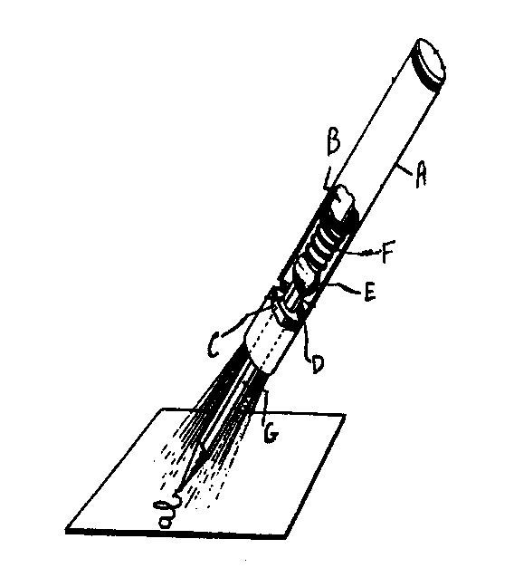  Figure 1: A typical example of the subject matter. A- Metal elongated casing; B - Dry cell; C - Translucent plug; D- Annular groove or stop; E - Light bulb; F - Spring; G - Pencilsub
