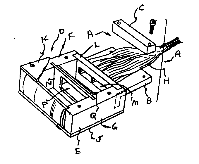   Figure 1: A typical example of the subject matter. A- Clamping assembly with support plate 'B'; B- Support plate; C - Clamping block; D - Illumination device; E- Housing; F, G - Housing optic bundles; H - Fiber-optic bundles;J, K - Housing top and bottom plates; L - Housing end wall; M -Opening for fiber bundles 'H'; N - Aperture platewith aperture 'P'; P - Aperture; Q - Polarizer
