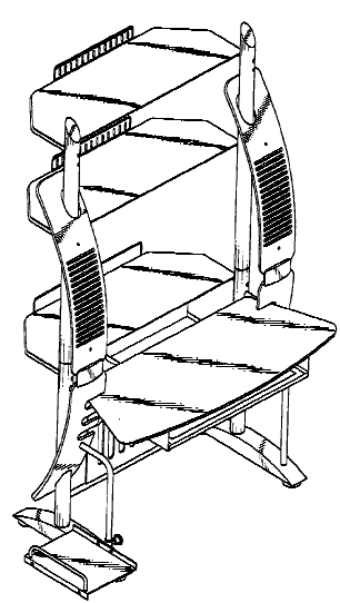 Figure 1. Example of a design for a workstation having shelving above and below work surface with dual leg supports.
