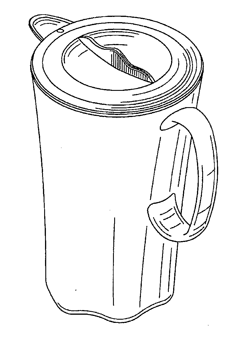 Example of a design for a liquid dispenser with rim-mountedpouring lip and handle attaching plural at points.
