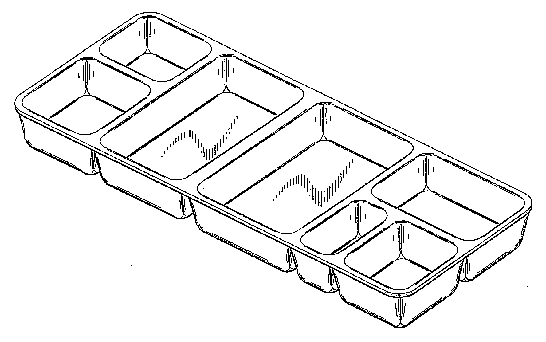 Example of a design for a compartmented tray with a rectangularperimeter.
