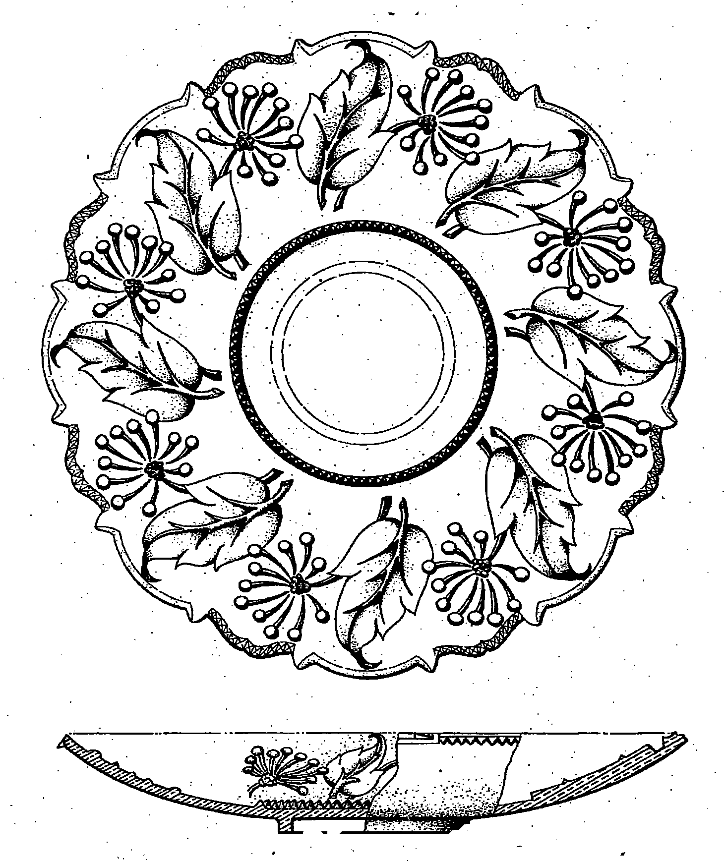 Example of a design for a food server with a scalloped peripheryin top plan and simulative ornamentation and three or more repeatsabout axis. 
