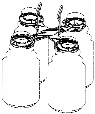 Example of a design for compartmented packaging for bottle,can or cup that engages the rim, top or neck only.
