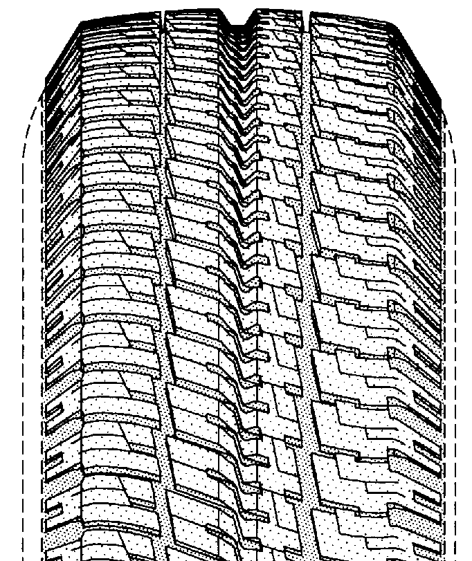Example of an asymmetrical type tire tread having a circumferentialgroove width at least 10 percent of tread width.
