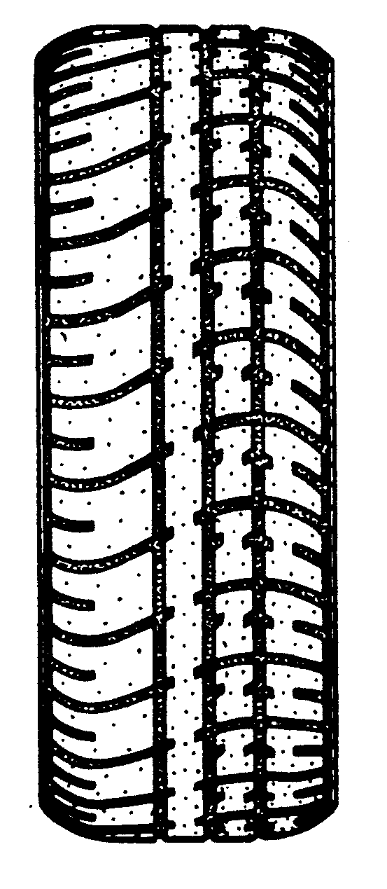 Example of latterally opposed notches in uninterrupted cicumferentialrib on asymmetrical tire tread.
