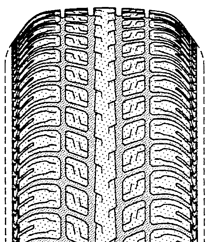 Example of directional type tire tread with uninterrupted equatorialcircumferential rib.
