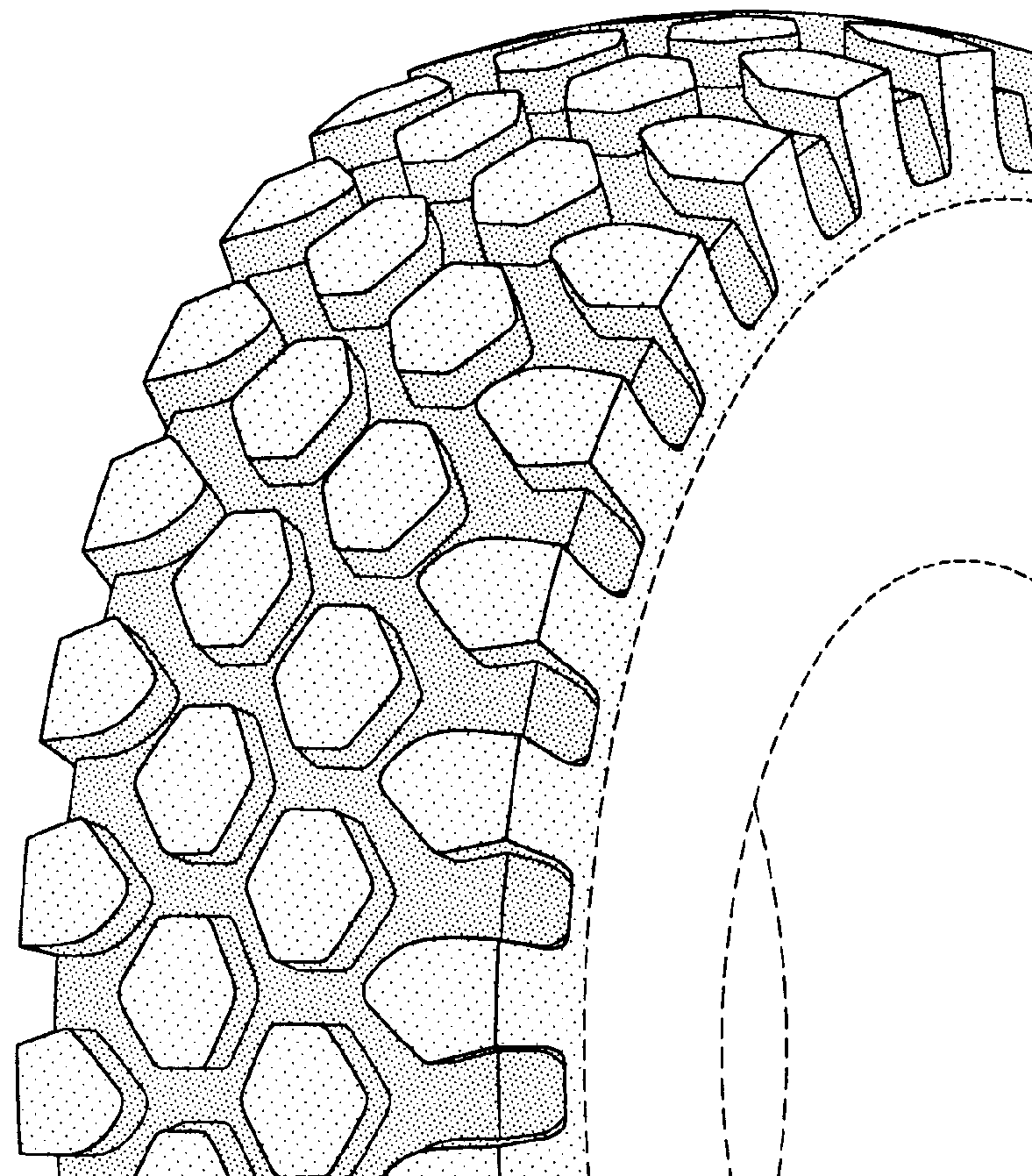 Example of discrete tread blocks arrayed on plain, nondirectionaltype tire tread surface.
