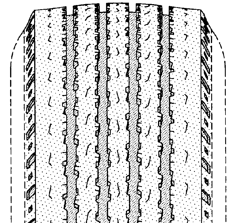 Example of nondirectional type tire tread with uninterruptedequatorial circumferential rib.
