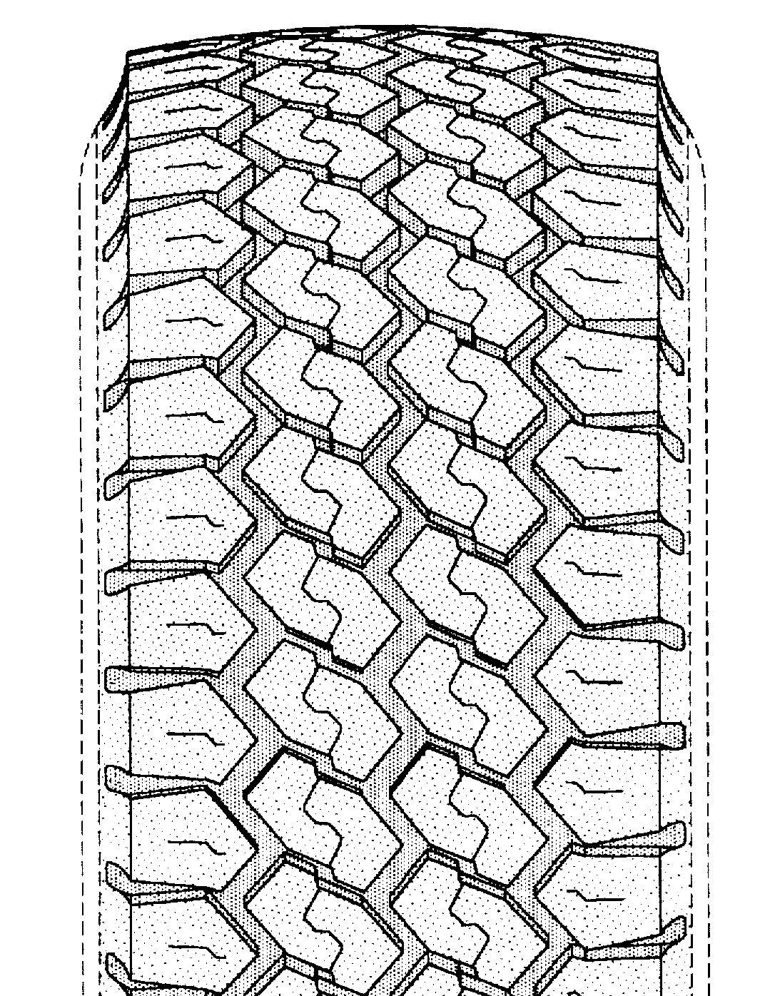 Example of nondirectional type tire tread with interruptedequatorial  circumferential groove. 
